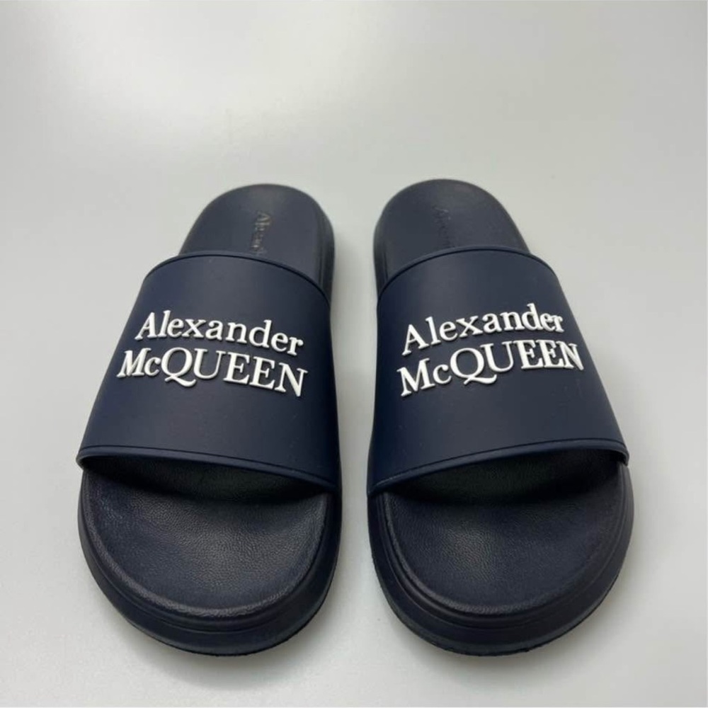 Alexander McQueen Dark Blue Slides with White Logo